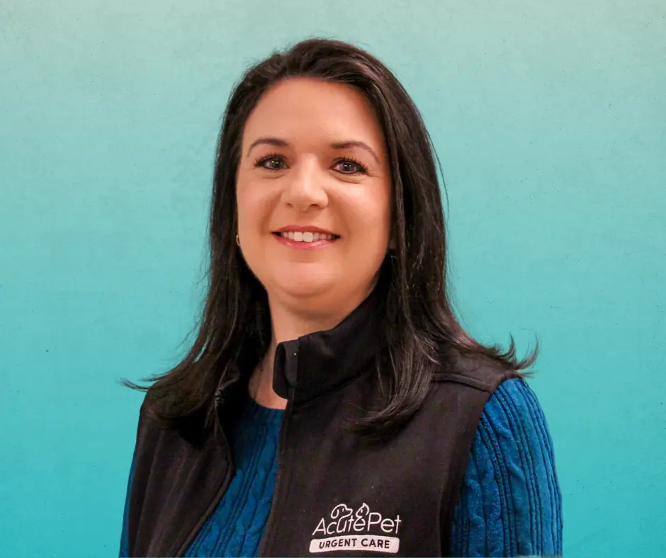 Ann Lagedrost, AcutePet Bellevue Practice Manager smiling on teal background