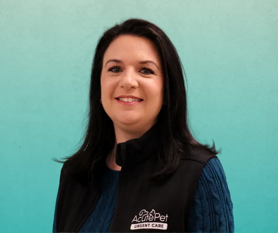 Ann Lagedrost, AcutePet Bellevue Practice Manager smiling on teal background