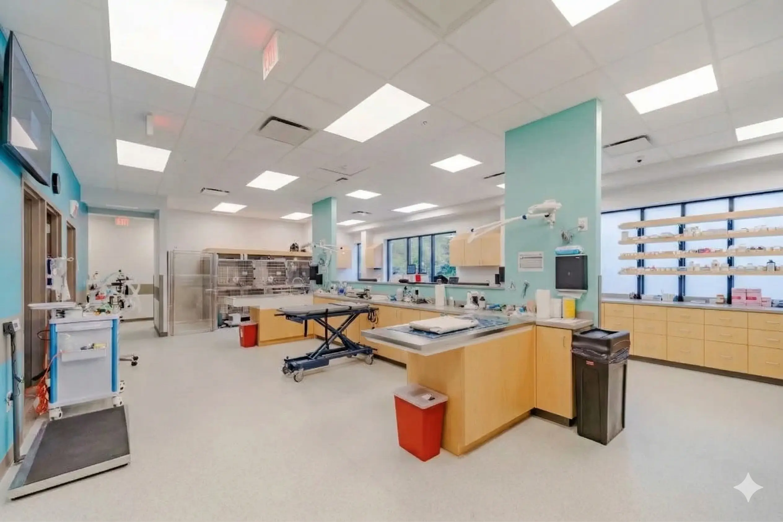 Veterinary treatment area with view of exam tables, cage banks, and pharmacy