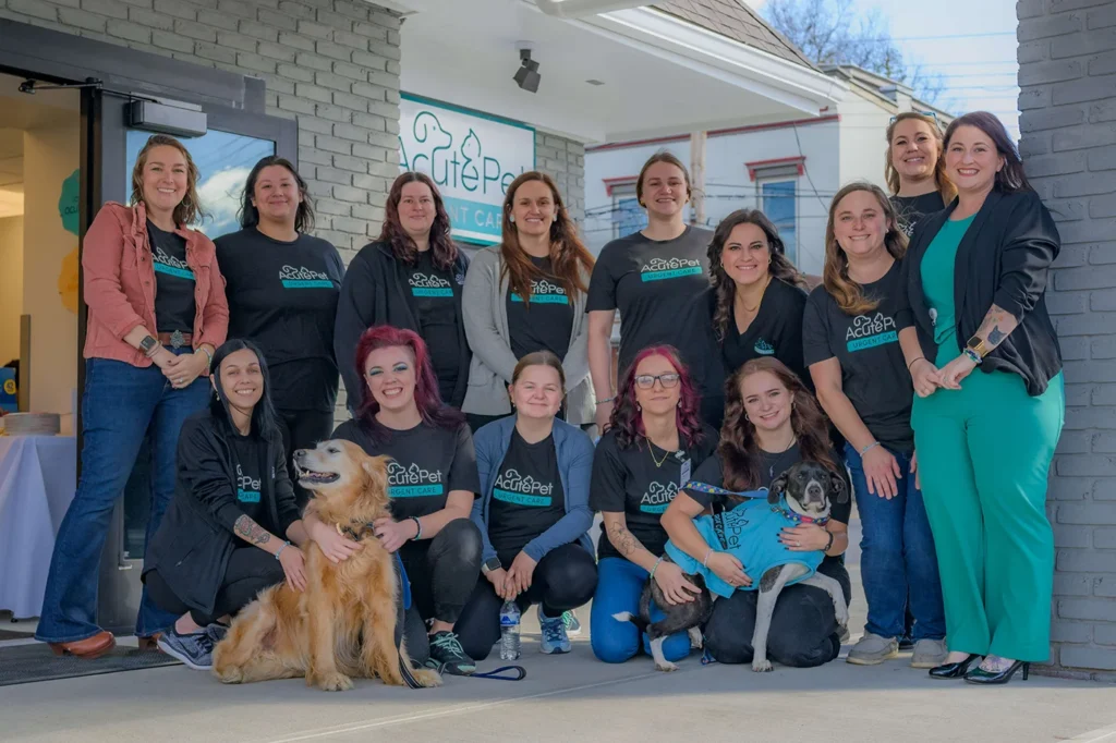 Staff members posing inside AcutePet Urgent Care during the opening of the new veterinary urgent care location in Bellevue, Washington